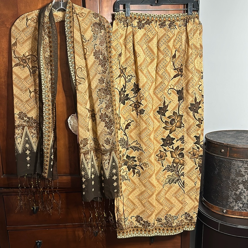 Malaysian batik skirt and scarf.